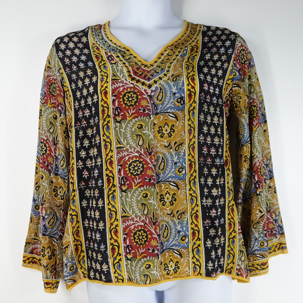 Tolani Women's Top L Multicolor Print Silk Blouse Long Sleeve Flared Boho Hippie